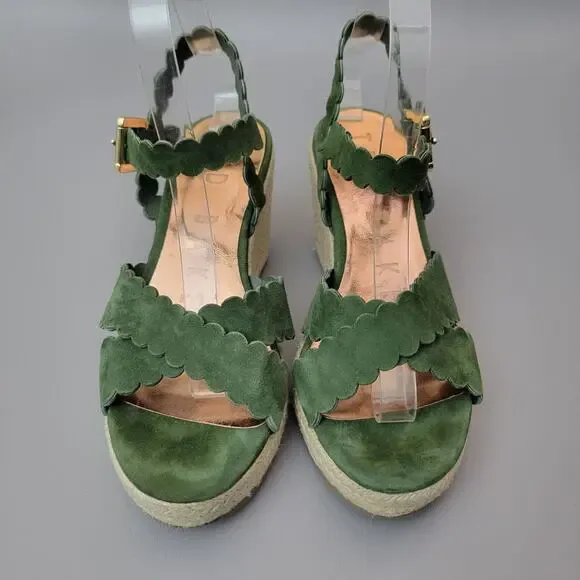 Ted Baker London Wedge Espadrille Sandal Green Suede Scallop Size 7.5 US 38 EU - Picture 4 of 12